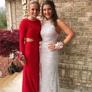 Red long sleeve prom dress